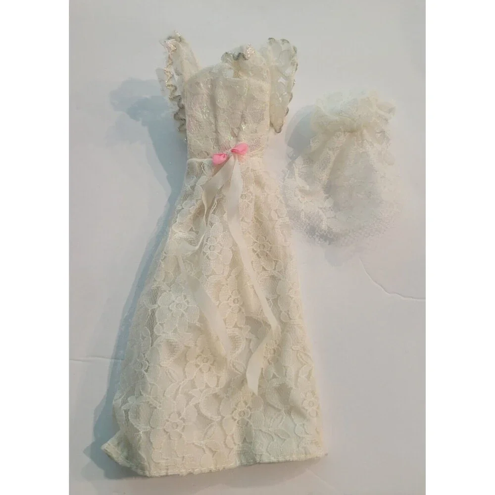 Vintage 80s Barbie Clone Wedding Dress & Veil White Lace Silver Accents Pink Bow